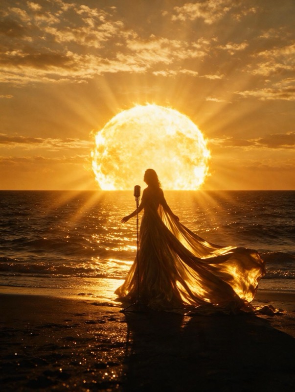Backlit silhouette of a woman with a long trailing cloth above the ocean
