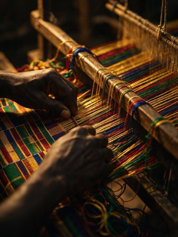 Hands weaving kente cloth on a wooden loom
